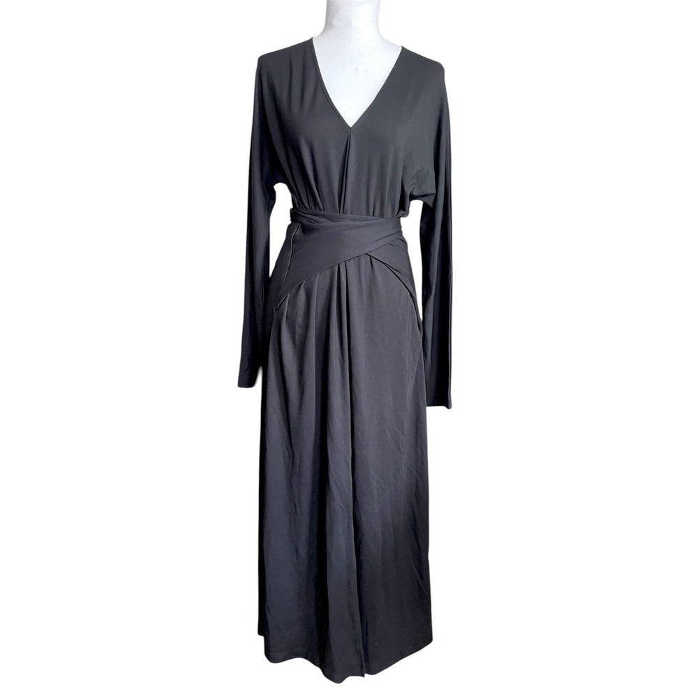 COS Black Long Sleeve Tie Waist Wrap Midi Dress Elevated Minimalist Timeless S